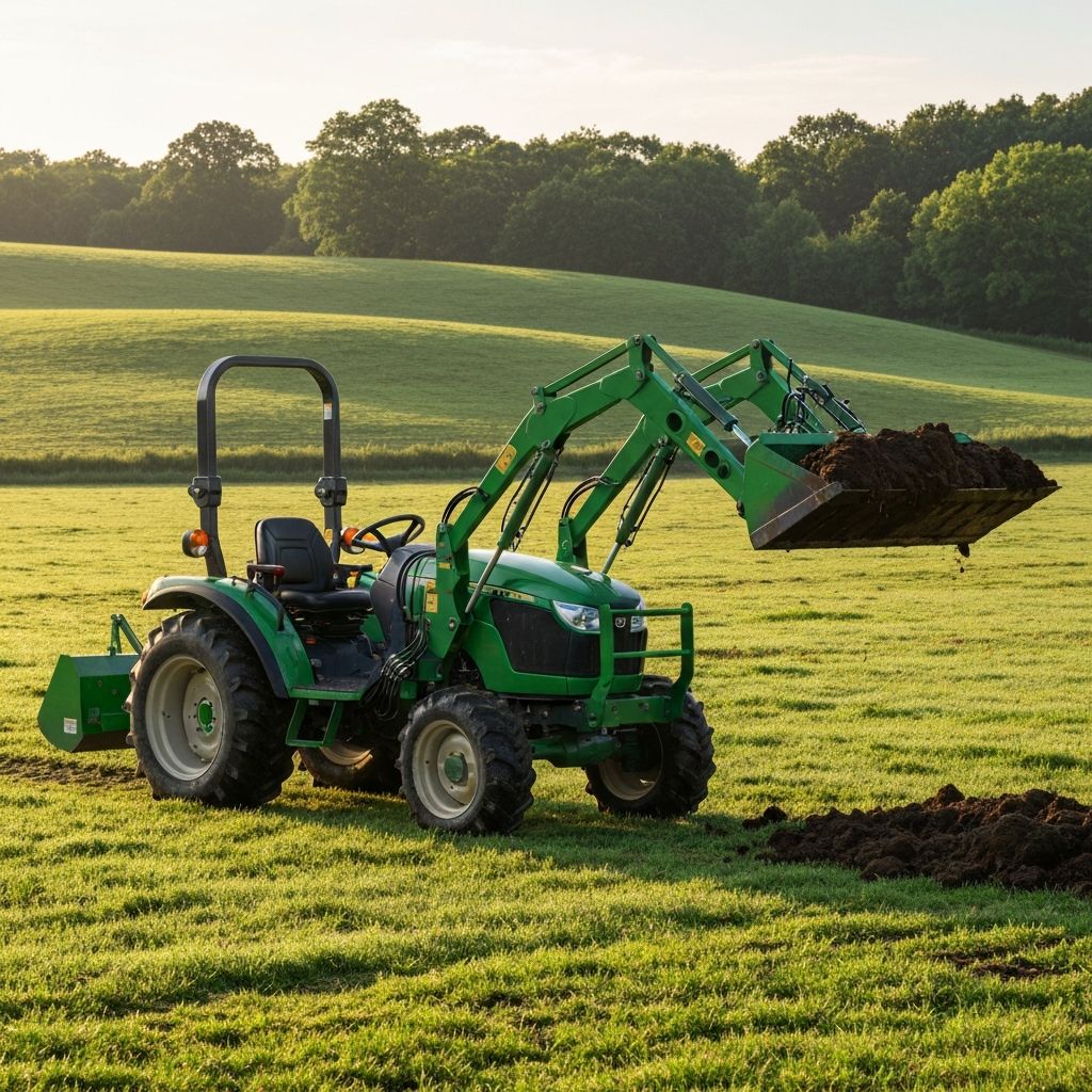 Modern tractor with front loader working on green pasture at golden hour