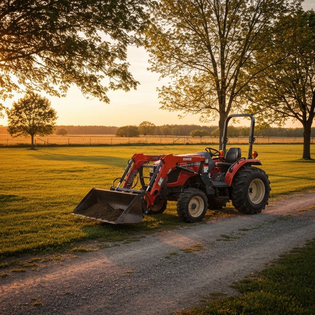 Compact tractor with front-end loader working on small farm property at golden hour