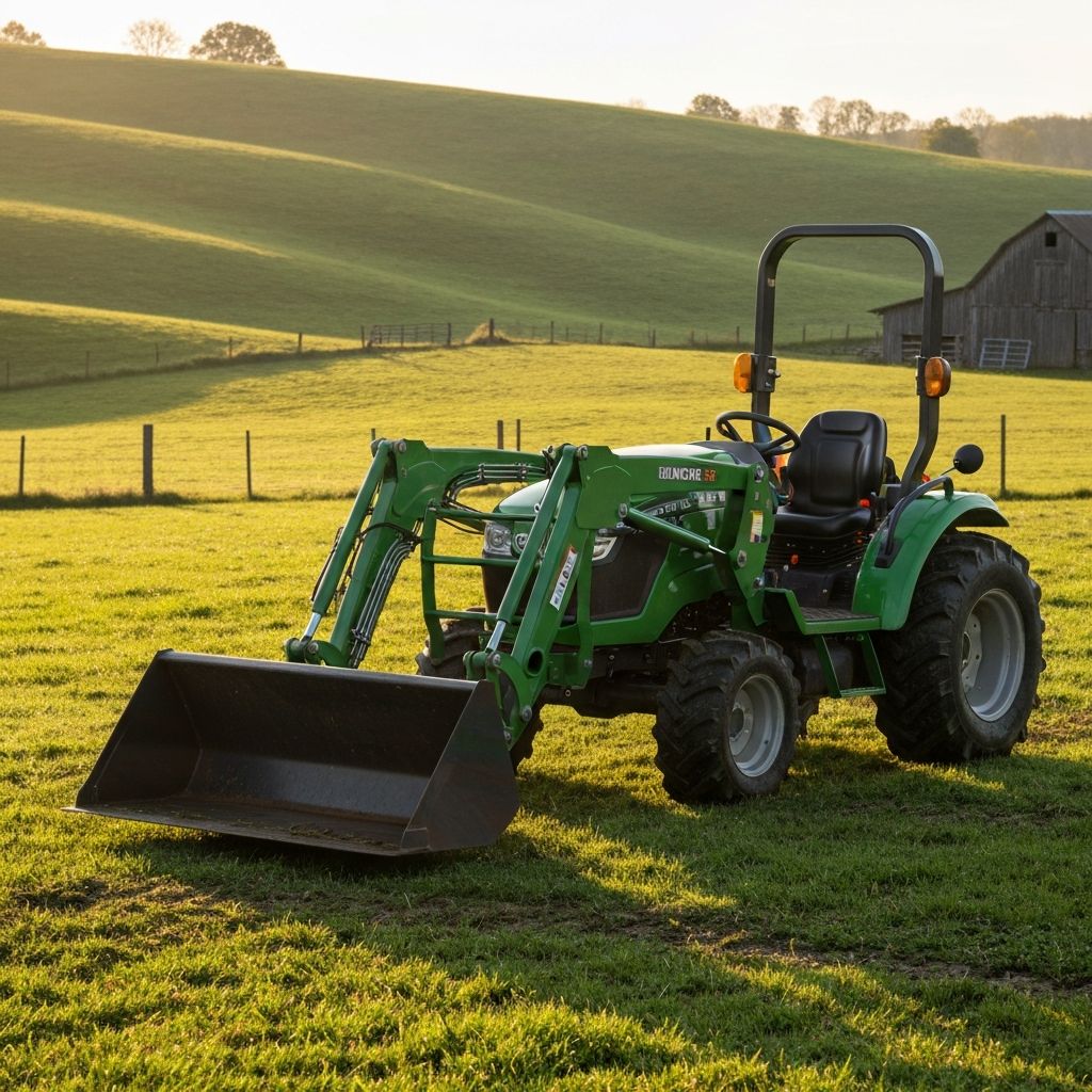 Compact tractor working on a small farm property