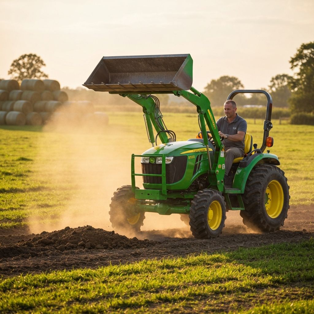 Tractor doing active loader work on a farm