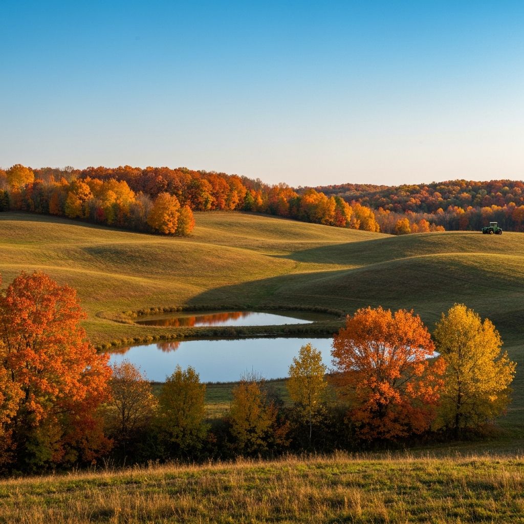 Wisconsin fall landscape with rolling hills, a pond, and a small hobby tractor in the distance