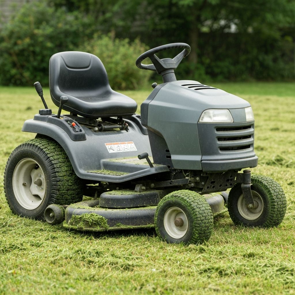 Underside of riding lawn mower deck being cleaned of grass clippings