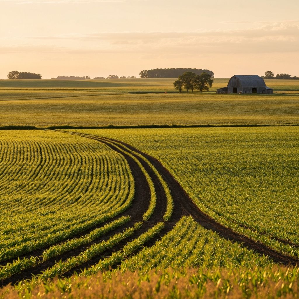 Open farmland at golden hour with tractor tracks through fields