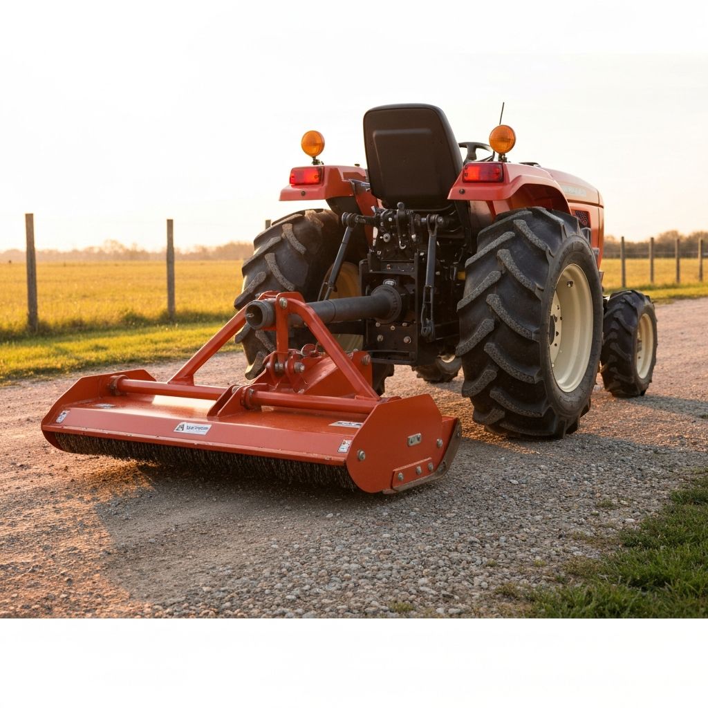Compact utility tractor with PTO-driven rotary cutter attached, rear 3/4 view showing PTO shaft and 3-point hitch at golden hour