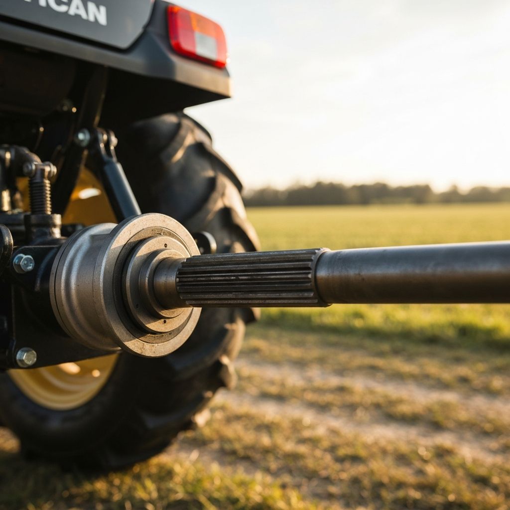 Close-up of a tractor PTO shaft stub showing splined connection point