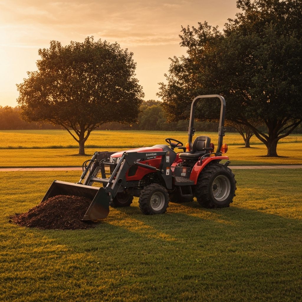 Sub-compact tractor with front-end loader on small acreage property at golden hour