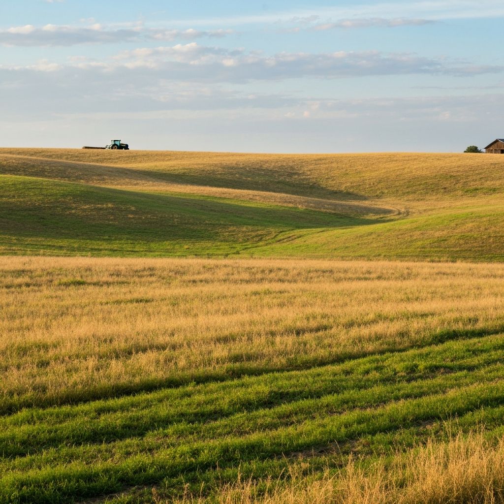 Wide-angle Texas farm landscape with open pastures and a tractor working in the distance