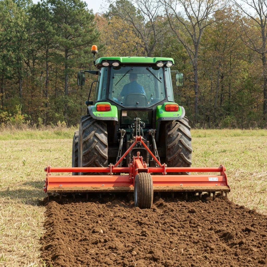 Tractor preparing a food plot with a rear-mounted rotary tiller