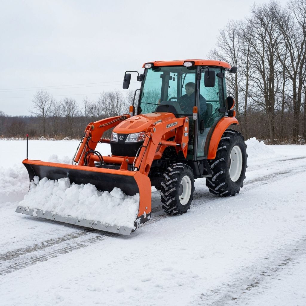 Tractor plowing snow with a front-mounted snow blade in winter conditions