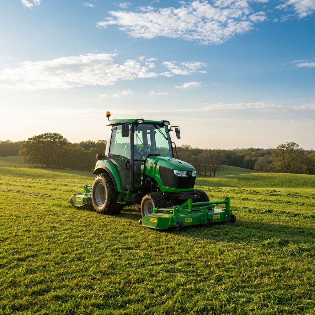 Compact tractor with mid-mount mower deck cutting grass on rolling pasture