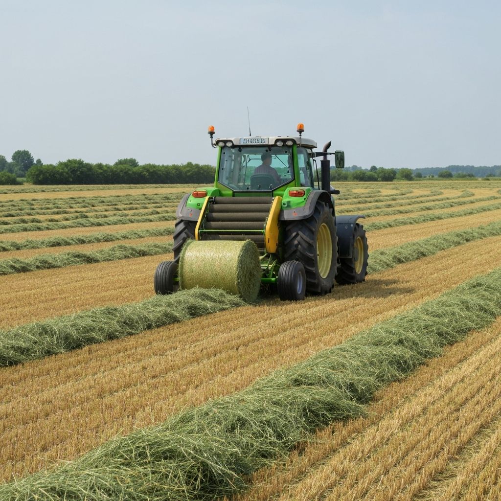 Tractor baling hay in a field with a rear-mounted round baler