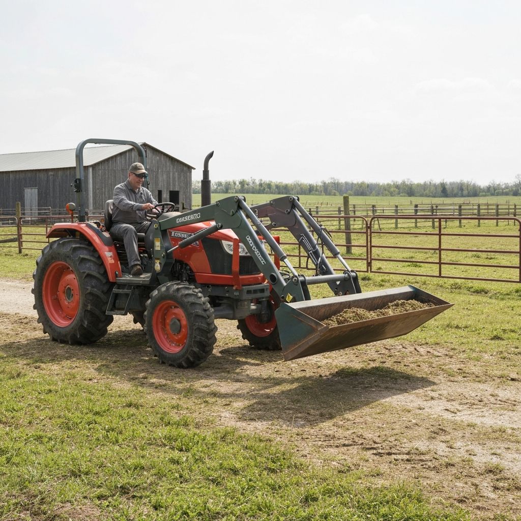 Tractor with front-end loader working on a small farm