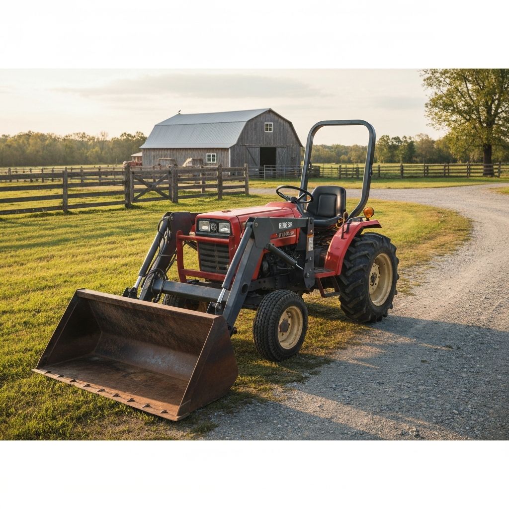 Used compact tractor with front loader on a rural property