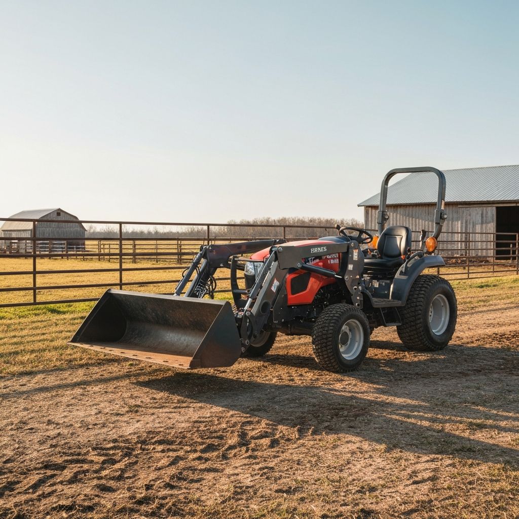 Compact tractor with front loader working on a farm