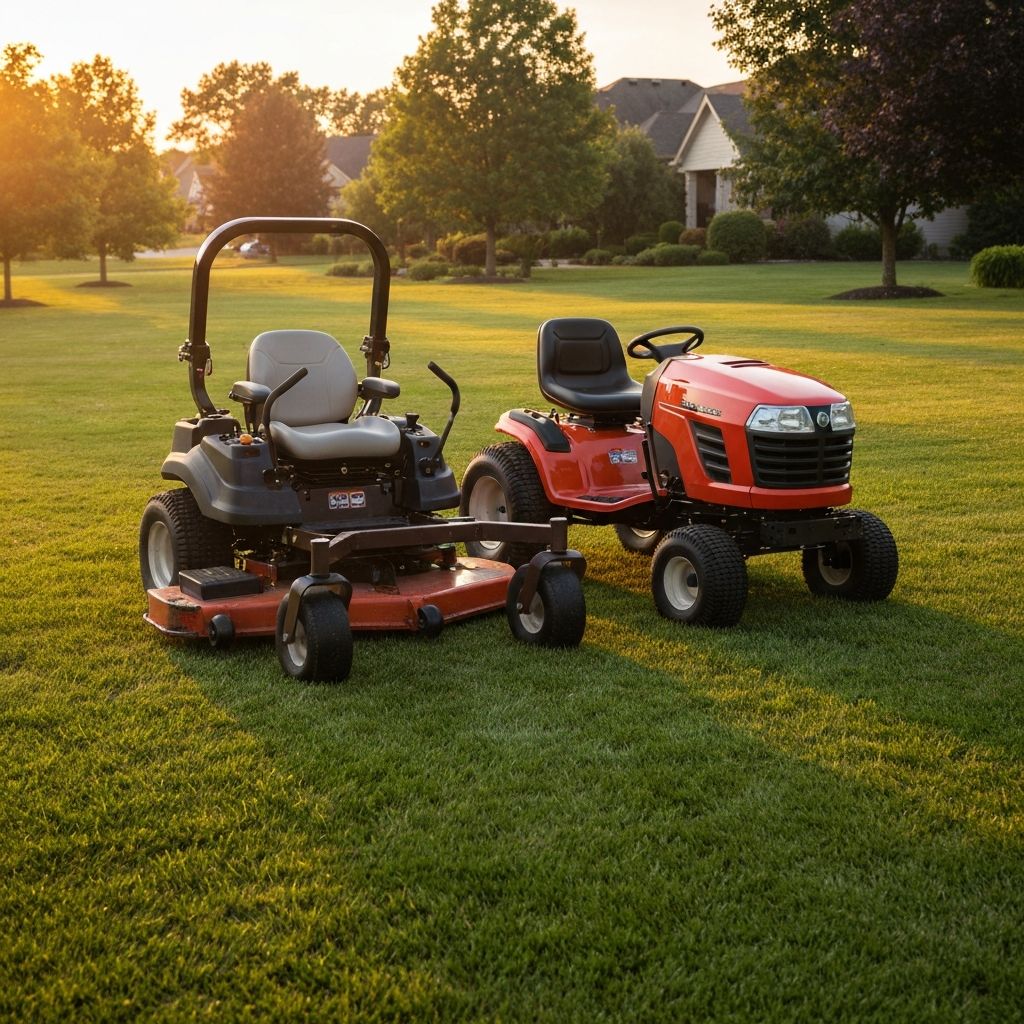 Zero-turn mower next to a traditional lawn tractor on suburban lawn